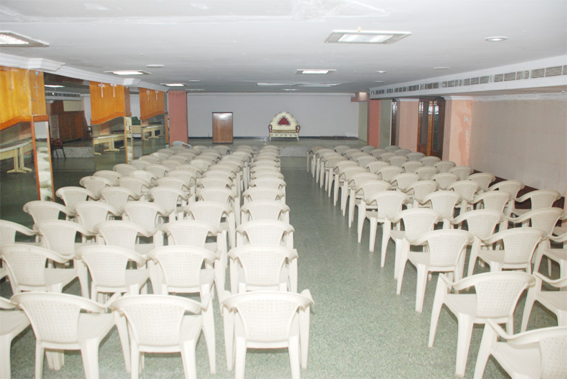 Banquet hall arranged with seating rows